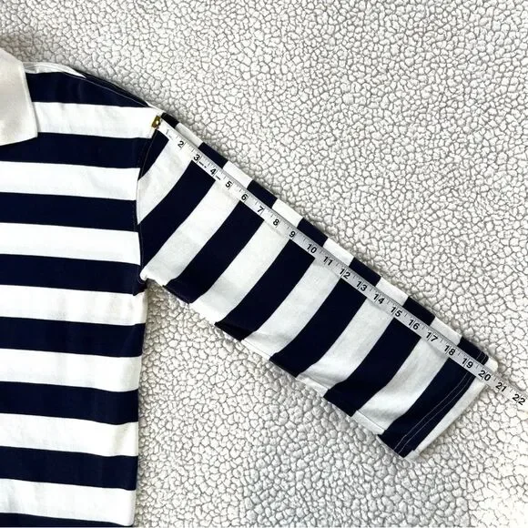 Zara Navy White Striped Long-Sleeve Cotton Rugby Preppy Polo Shirt Top SZ L - Picture 10 of 11